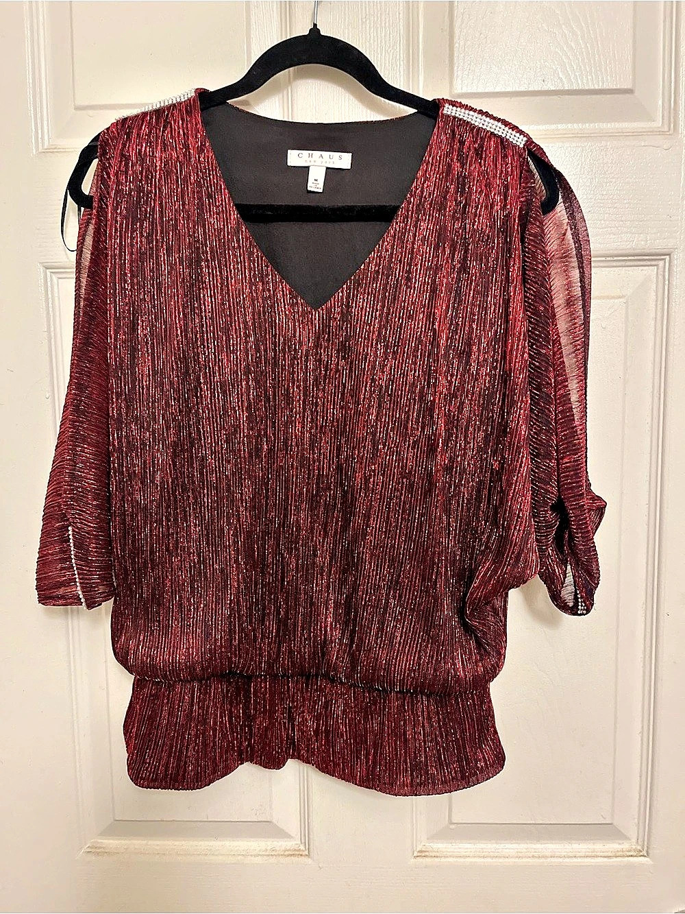 CHAUS Metallic Cold Shoulder Balloon Sleeve Top Red & Black Medium